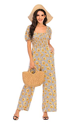 Love Welove Fashion Women's Floral Short Sleeve High Waist Wide Leg Pants Casual Loose Smocked Jumpsuit Romper #TOP12