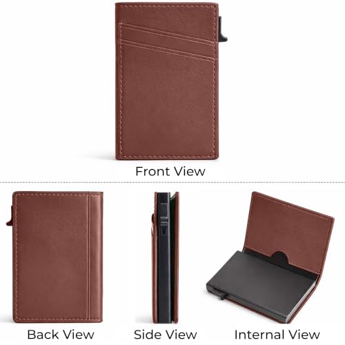 Image of VOGARD Pop-Up Card Holder for Men, RFID Blocking Slim Aluminium Case with Premium PU Leather, Automatic Card Ejector, Front Pocket Design (Tan)