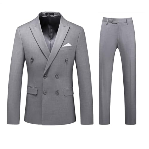 MOGU Suits for Men, 2 Piece Slim Fit Suit with Double Breasted Blazer and Tuxedo Pants, Jacket 38 & Pants 34 (38, Light Grey)