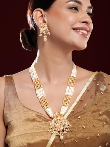 Image of Rubans Pearl Long Necklace Set Gold Plated Traditional Stylish Jewellery Gift for Women & Girls