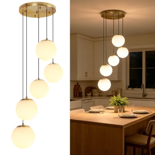 Image of Mid Century Globe Chandelier, 5-Light Brushed Gold Pendant with Milk White Glass, Modern Cluster Lighting for Staircase Kitchen Island Dining Room