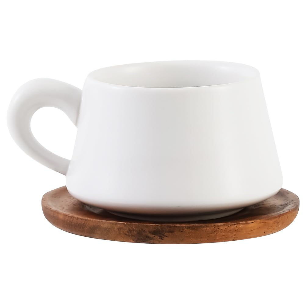 JINNTHE Set of 1 Ceramic Tea White Cup and Wood Saucer - 7 oz Tea Mug - Wide Cappuccino Cup, Coffee Cups for Cappuccino, Latte, Espresso, Americano
