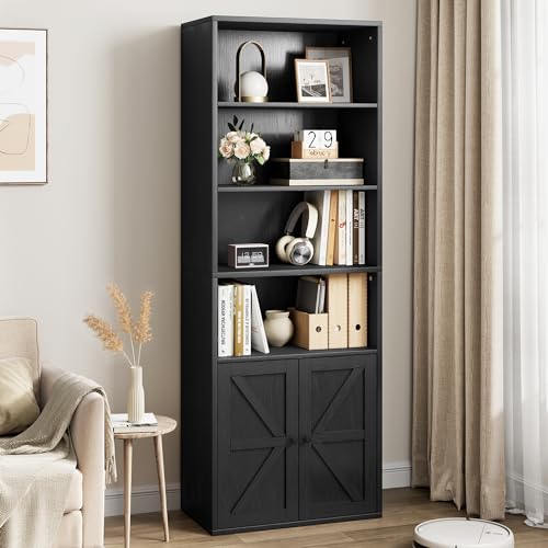 IDEALHOUSE Bookcase with Doors Industrial Bookshelf 11.8in Depth Display Storage Shelves 71.4in Tall Farmhouse Bookcases Wooden 6 Shelf Bookshelvels for Bedroom, Living Room, Home Office (Black)