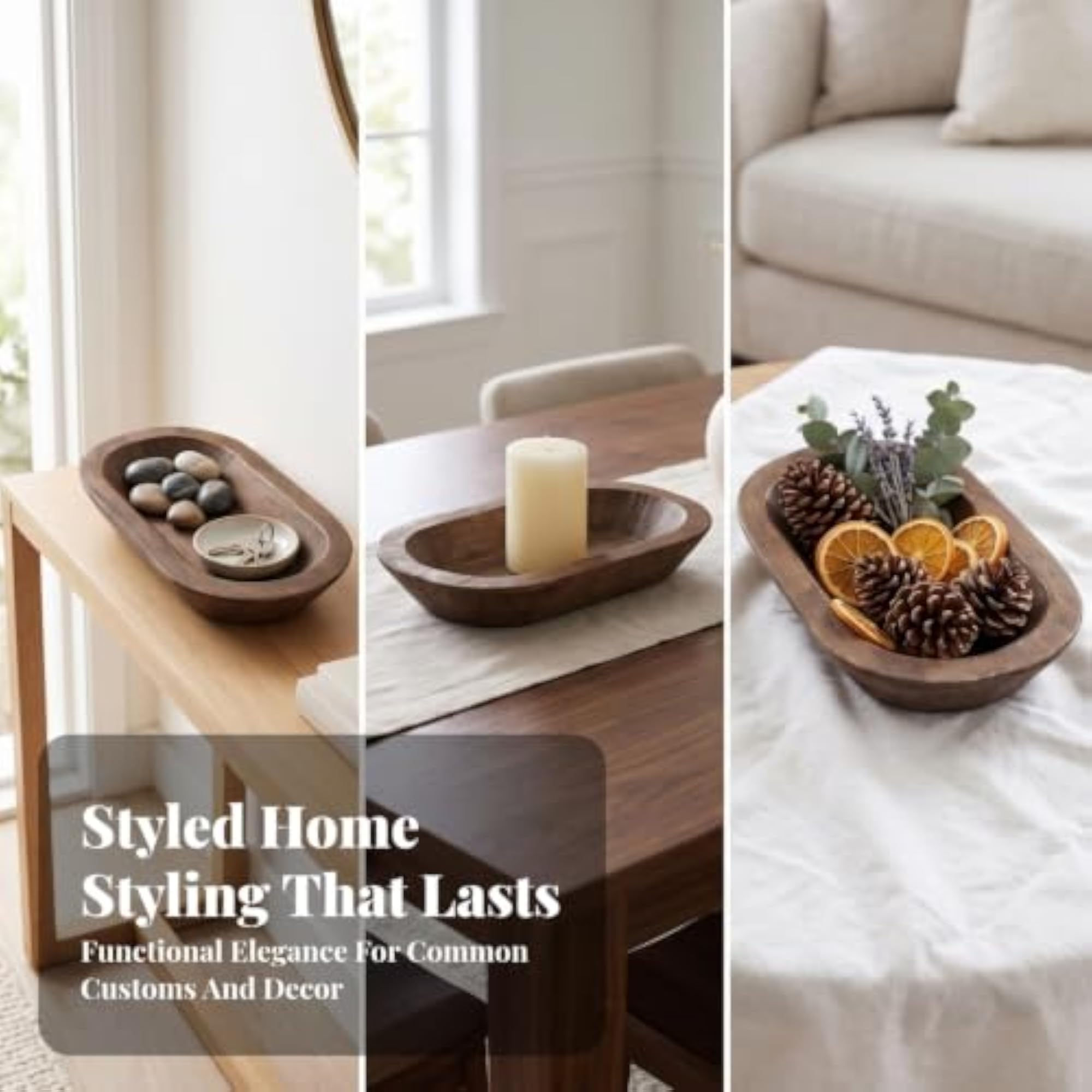 10 Pieces Solid Wood Oval Decorative Bowls, Set for Tabletop