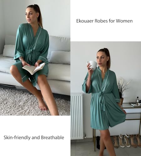 Image of Ekouaer Women Kimono Robes Knee Length Knit Bathrobe Lightweight Soft Sleepwear V-neck Casual Ladies Loungewear