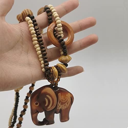SwirlColor Fashion Bohemian Vintage Ethnic Wood Bead Resin Elephant Pendant Long Sweater Chain Necklaces & Pendants for Women
