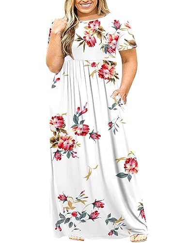 Image of Kancystore Women's Plus Size Maxi Dress with Pockets Summer Dresses XL-5X | Plus Size High Waisted Long Length Beach Dress, Empire Waist Round Neck Casual Dress, Solid Striped Floral Tie Dye Colors