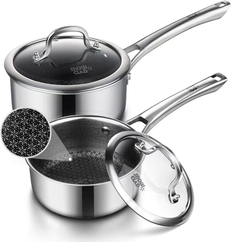 Edelstahl Kochtopf 16+18cm mit Deckel, Antihaft Stielkasserolle, Topfset, Kochtopf Induktion, Hitzebeständiger Griff, Kochtöpfe für Alle Herdarten, Ofen- und Spülmaschinengeeignet, PFOA-frei