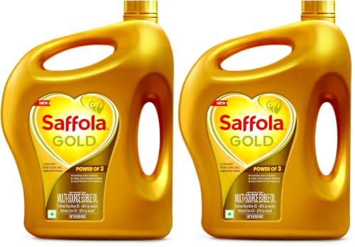 Image of Saffola Gold Refined Cooking oil | Power of 3 - Balance of Good Fats, Triple Anti-Oxidant System & Fortified with Vitamins | Multi-Source Edible Rice Bran & Corn Oil | 3.64kg Jar (Pack of 2)
