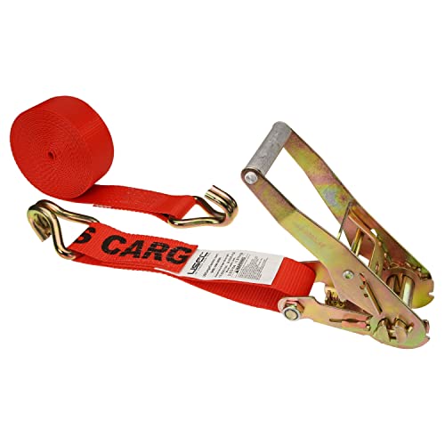 US Cargo Control 2 Inch Wide x 27 Foot Long Ratchet Strap with Wire Hooks, Red Tiedown Strap with Double J Hooks, Secure Cargo with Ease