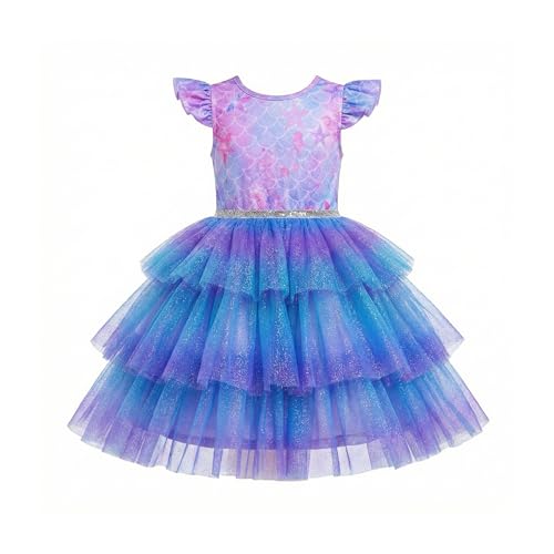 Danvren Mermaid Princess Dress for Toddler Girls Sleeveless Ruffle Sleeve Tulle Dresses Casual Summer Outfit for Girl 3-6 Years