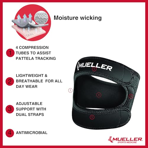 MUELLER Sports Medicine Adjustable Max Knee Single Strap for Men and Women, Compression & Pain Relief Support for Osgood-Schlatter's, Runner's Knee, Patellar Tendinitis, Black, One Size