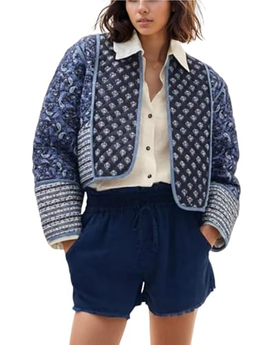 Aimiray Women's Cropped Floral Puffer Jacket Cardigan Printed Lightweight Open Front Padded Quilted Coats(Navyblue-L)