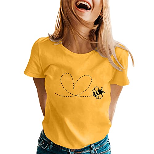 Tee Shirt Femme Coton, T Shirt Oversize Femme,T-Shirt Imprimé Abeilles Manches Courtes Col Rond pour Saisons Printemps Été Léger Confortable Mode Daily Wear Tshirt Blouse T-Shirts Tops
