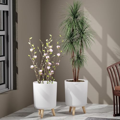 Image of SR Modern Flower Pot with Plastic Legs | Indoor Outdoor Planter for Home Garden Balcony Decor Ribbed Design (White Pack of 2) | with Free Vermicompost Fertilizer for Plants (500gm)