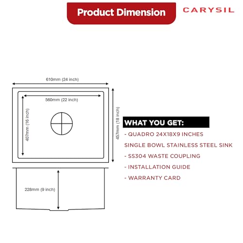 Image of Carysil Quadro Series Zero Radius Single Bowl Kitchen Sink, Stainless Steel Kitchen Sink, 304 Coupling, Noise Reduction Design, Deep Bowl with Sloping Drain, 24x18x9 inches, Satin Finish