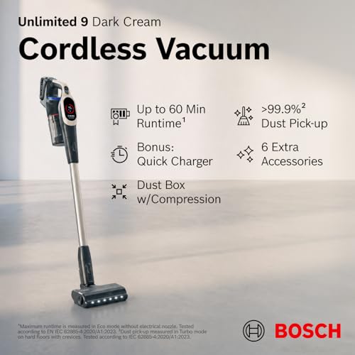 Image of Bosch Unlimited 9 Cordless Stick Vacuum Cleaner - 15 to 60 Min Battery, Fast Charger, Multi-Surface, Vacuums Pet Hair, Hard Floors and Carpets, HEPA Filter, 6 Accessories, Dark Cream