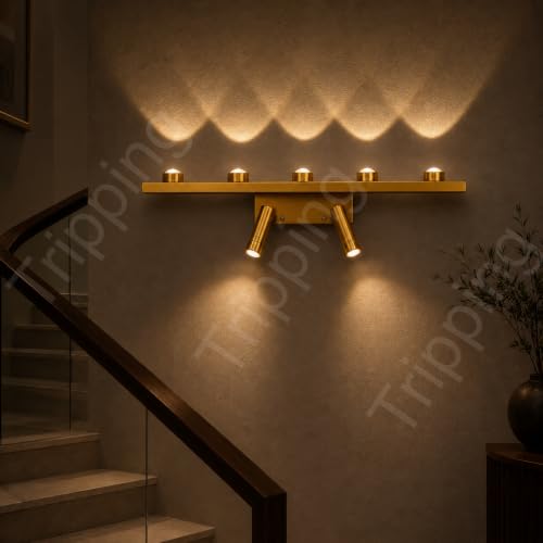 Image of Modern Brushed Gold 7-Light LED Wall Fixture with 5 Fixed Wall-Washer Lights and 2 Adjustable Reading Spotlights, Warm White 3000K Decorative Indoor Wall Lamp for Living Room and Hotel, 44 x 6 x 6 cm