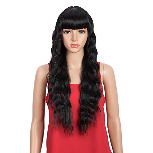 SPOTLIGHT Long Wavy Wig with Bangs for Women Natural Black Heat Resistant Fiber Wigs 130% Density Natural Looking Cosplay Party Wigs (Natural Black Color, 26 INCH)