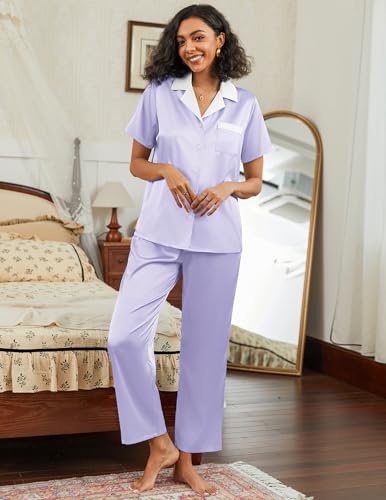 Image of Ekouaer Satin Pajamas Set for Women Silk Button Down Sleepwear Short Sleeve Loungewear 2 Pieces Nightwear