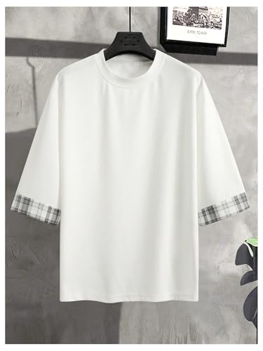 Image of OYOANGLE Men's Textured 3 /4 Sleeve Drop Shoulder T Shirt Loose Fit Plaid Cuff Tee Tops