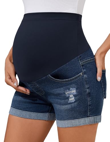 Image of PACBREEZE Women's Maternity Jean Shorts Over Belly Stretch Denim Shorts Trendy Summer Pregnancy Clothes