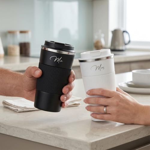 Image of Giftana Mr and Mrs Coffee Tumbler Set of 2, Premium Travel Mugs 510ml, Black and White Couple Gift Set for Bridal Shower, Wedding, Engagement, Anniversary, Bride and Groom Gifts