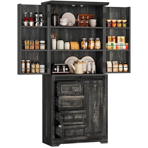 DWVO Kitchen Pantry Storage Cabinet with Barn Door, Tall Storage Cabinet with 4 Drawers and Adjustable Shelves, Versatile Storage for Living Room, Dining Room or Hallway, Drak Oak