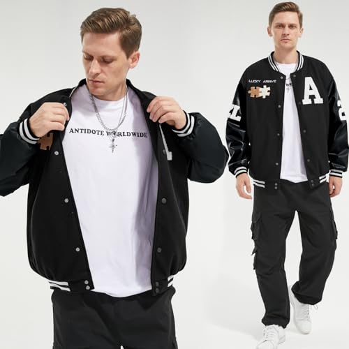 Image of Mens Varsity Jacket Baseball Bomber Jacket Vintage Unisex Streetwear Coats with Patchwork Hipster Utility Tops