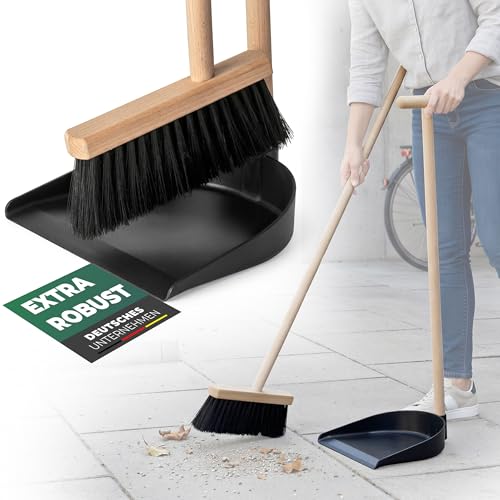 Novaliv Kehrschaufel Set mit langem Stiel Stehkehrgarnitur Holz Besenkopf Buche & ABS-Schaufel aufrecht kehren ohne Bücken 92 cm