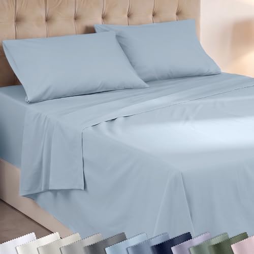 Image of Super Soft 100% Cotton King Sheets Deep Pocket, 4 Pc Set, Sky Blue | Lightweight & Breathable For Hot Sleepers, 14 inch Deep Pocket, All-Around Elastic, Durable, Easy Care, OekoTex Certified