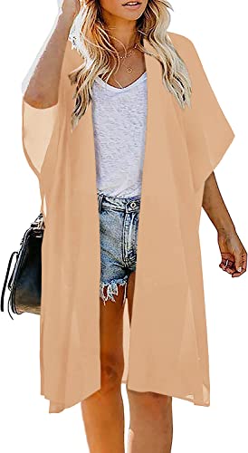 Image of Indian Trendy Women's Solid Puff Sleeve Kimono Long Cardigan Loose Cover Up Casual Blouse Top Chiffon