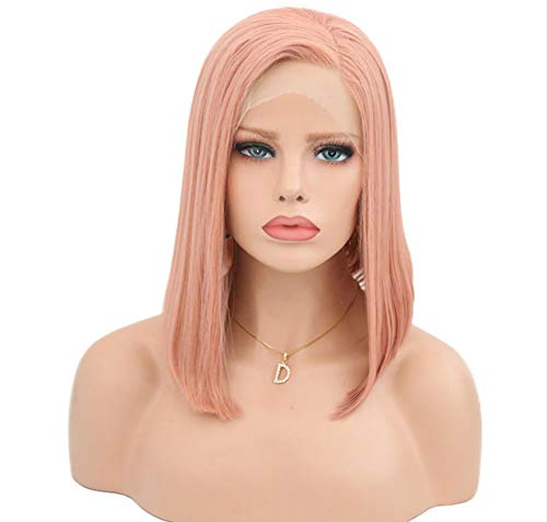Light Pink Side Part Short Bob Straight Heat Resistant Fiber Synthetic Lace Front Wig Brown 14inch
