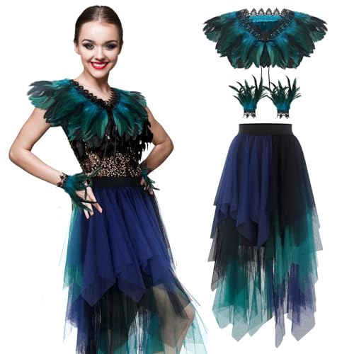 Sintege 3er Set Pfau Kostüm für Damen zum Halloween Pfau Kostüm Accessoires Natürlicher Federschal Feder Manschetten Faltenrock Tüllrock Damen...
