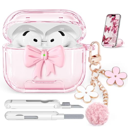 Polislime for AirPods 4 Case 2024, with Safety Lock & Phone Stand for AirPods 4 Generation Case Cover for Women Girly with Chain,Clear Pink