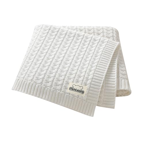 mimixiong Couverture en coton doux pour bébé Couverture tricotée Cadeaux de bébé pour garçon fille - Blanc