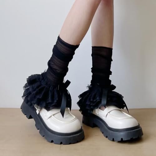 Image of SOLILOQUY Women Y2K Ruffle Lace Leg Warmer Kawaii Lolita Long Thigh High Socks Harajuku JK Tiered Sheer Tulle Boot Cuff Cover