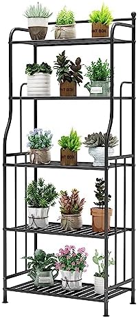 MORITIA 5 Tier Metal Plant Stand Indoor and Outdoor Flower Rack, Home Iron Storage Organizer Shelf, Black, 21.7 x 11 x 52.4 inch