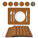 Mantel individual de cuero práctico: estos manteles individuales son muy fáciles de limpiar, resistentes a las manchas, impermeables y a prueba de aceite, impermeables.Si el mantel individual tiene manchas, lávelo a mano con agua tibia y jabón y séquelo, o lave el tapete en el fregadero de la cocina y limpie seco. (Nota: no se puede lavar a máquina.) Es resistente al calor, resistente al desgaste y duradero para el uso diario.Resistencia al calor (aislamiento efectivo hasta 80 ℃)