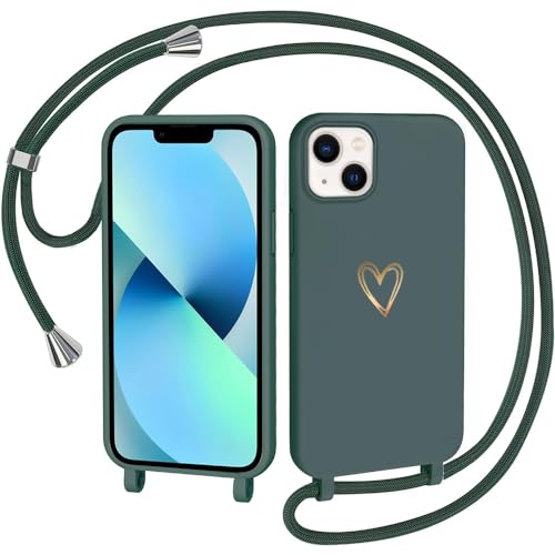 IPhone 14/13 Hülle Mit Band – Silikonhülle Mit Herz-Muster & Abnehmbarer Umhängekordel, Grün
