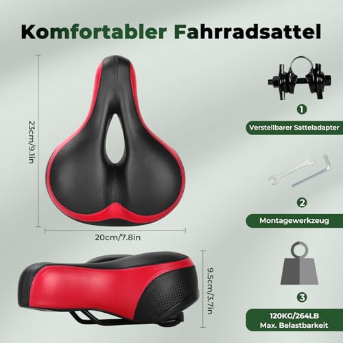 TONBUX Fahrradsattel Herren Damen mit Reflektor Bequem Gel Fahrradsitz Rot – Ansicht 2