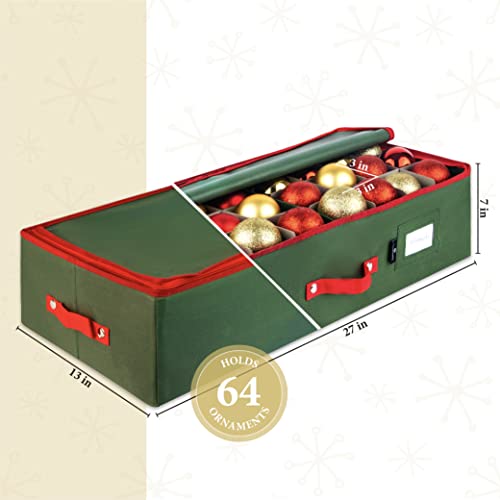 Christmas Ornament Storage - Stores Up To 64 Holiday Ornaments, Adjustable Dividers, Covered Top And Two Handles. Attractive Storage Box Keeps Holiday Decorations Clean And Dry For Next Season. (Green, Underbed) #TOP1