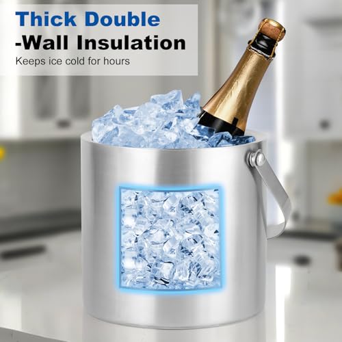 3L Stainless Steel Ice Bucket - Double Wall Insulated for Longer Lasting Ice. Ideal for Champagne, Wine, Cocktails. Includes Lid,Tongs and Scoop - Image 4