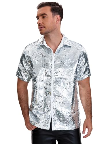Lars Amadeus Sequin Shirt for Men's Short Sleeve Button Down 70s Disco Party Sparkle Shiny Dress Shirts4