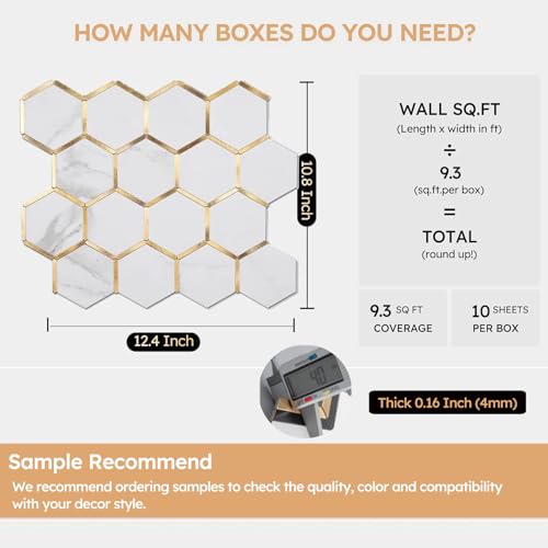 Diflart Peel and Stick Kitchen Backsplash Tiles Gold and White Hexagon PVC Wall Tile Faux Marble for Kitchen Bathroom Pack of 10 Sheets - Image 4