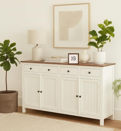 Image of Solid Wood Madrid (L) Sideboard for Living Room | Kitchen Storage Cabinet | Crockery Storage Unit | Storage Cabinet (Finish- Natural and Premium Pearl White Distressed Edge)