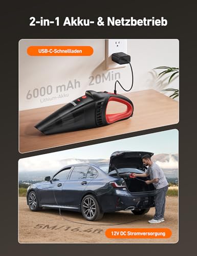 AstroAI Handstaubsauger Akku mit Zubehör, Kabelloser Autostaubsauger Stark mit LED, Bürste, Verlängerungsrohr und Schlauch, Mini-Handstaubsauger für Auto, Zuhause, Büro und Tierhaare, Rot