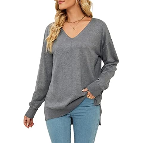 Voopptaw Ladies Basic V Neck Pullover Sweater Casual Batwing Sleeve Knit Loose Jumpers Top Grey L Cover