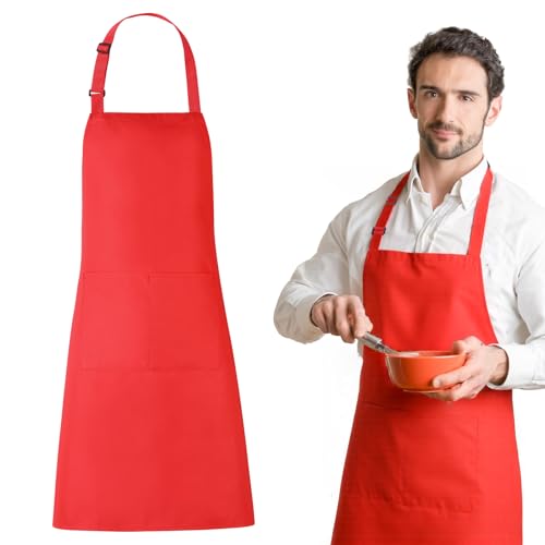 XLSXEXCL Adjustable Bib Apron Unisex Red Apron with 2 Pockets Kitchen Cooking Chef Aprons for Women Men Crafting BBQ Drawing