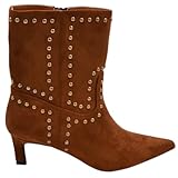  Malu Shoes Stivaletto Tronchetto Donna a Punta camoscio Cuoio con Borchie Oro tonde Tacco Kitten 3 cm Zip (40 EU)